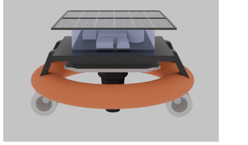 CAD model of the Dronaqua drone: solar panel on top, translucent electronics housing, black chassis with legs, and an orange float ring with two side wheels