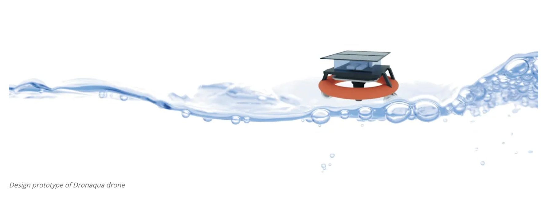 Rendered Dronaqua drone floating on water: a solar panel over an electronics bay, on an orange float ring